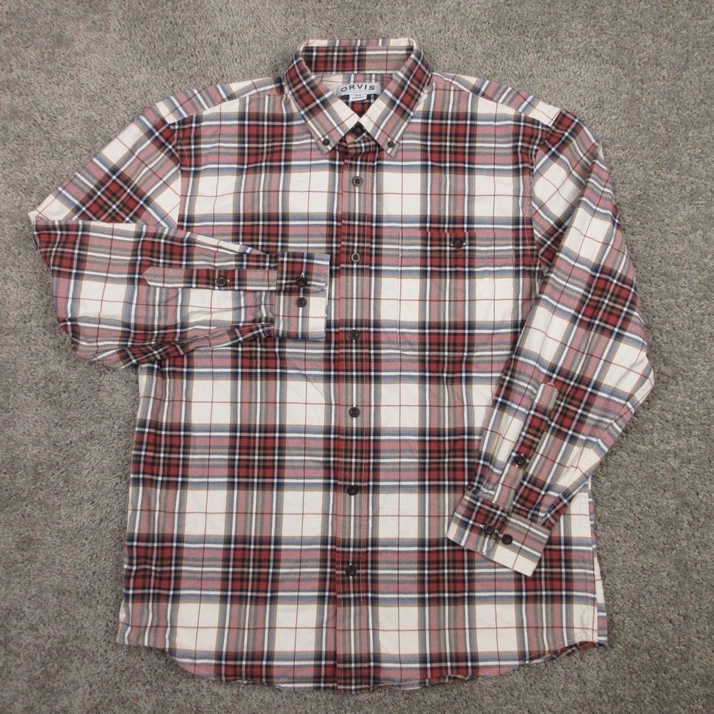 Orivs Shirt Mens Medium Red Plaid Tartan Heavy Twill Pocket Outdoor Button Up